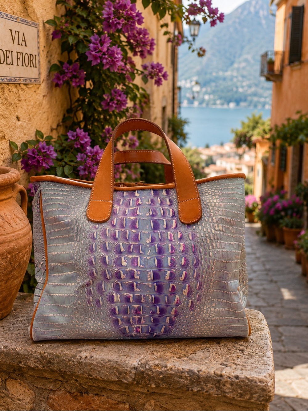 Daryl Westfall Italy Croc Embossed Leather Tote Lavender, Periwinkle Blue Cognac